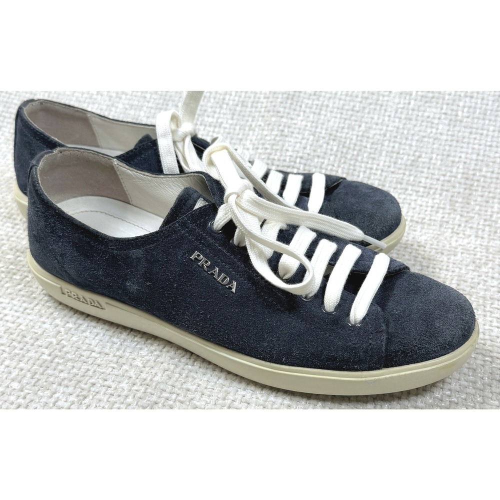 Prada Navy Blue Suede Low Top Sneakers Logo Designer Shoes Womens Size 37 US 8